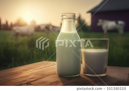 A sunny day on a dairy farm. Fresh milk in a glass jug on a wooden table. A cow grazes in the pasture nearby. Organic and natural. Is AI Generative. A sunny day on a dairy farm. Fresh milk in a glass jug on a wooden table. A cow grazes in the pasture nearby. Organic and natural. Is AI Generative. 101380320