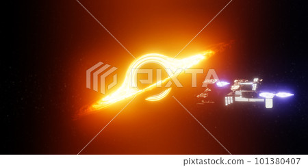 Futuristic spacecraft flying toward black hole in cosmos. 3d render Futuristic spacecraft flying toward black hole in cosmos. 3d render 101380407