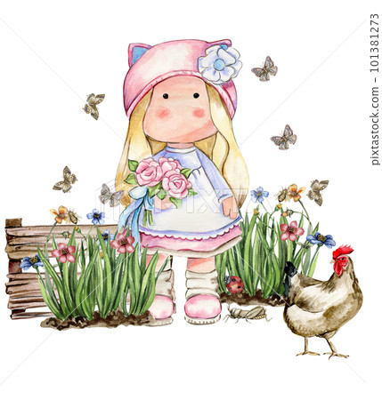 Spring flowers composition with a cute Tilda doll, watercolor illustration for cards, backgrounds,scrapbooking.Cartoon hand drawn background with flower for kids design.Perfect for wedding invitation. 101381273