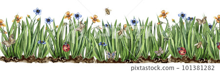 Watercolor horizontal seamless background with grass, insects and flowers. Butterflies in cartoon style. Hand rawn illustration of spring. Perfect for scrapbooking, kids design, wedding invitation. Watercolor horizontal seamless background with grass, insects and flowers. Butterflies in cartoon style. Hand rawn illustration of spring. Perfect for scrapbooking, kids design, wedding invitation. 101381282