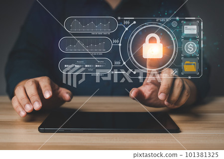 Businessman touch a virtual screen to unlock and access information and document, Protection network security computer and safe data, cybersecurity concept, user privacy security and encryption 101381325