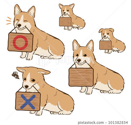 Corgi with sign (docked tail, red & white) Corgi with sign (docked tail, red & white) 101382834