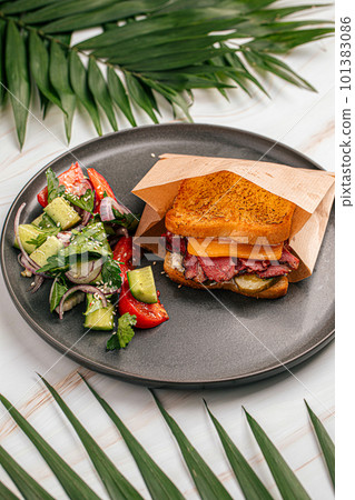 Side view on pastrami sandwich with salad 101383086