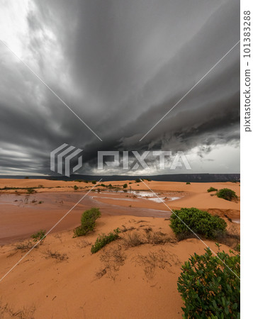 Dark storm clouds over Jalapao dunes, isolated and eerie landscape Dark storm clouds over Jalapao dunes, isolated and eerie landscape 101383288