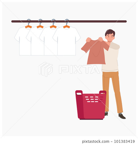 man hanging wet clothes out to dry. drying clothes after washing. Flat vector cartoon illustration 101383419