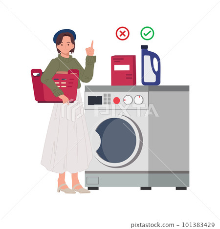 A woman is giving information about washing liquid and washing powder which is suit for washing machine. wasing soap for front loading washing machine. 101383429