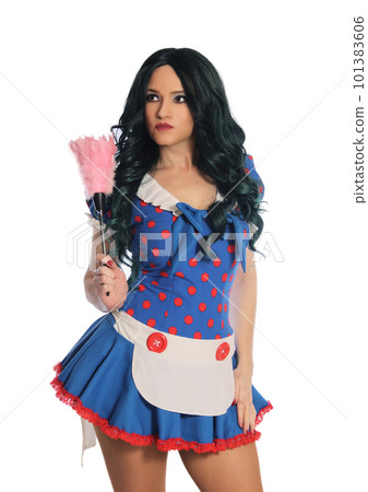Woman Wearing Retro Blue and Red Dress Holding Feather Duster Isolated on White Background 101383606