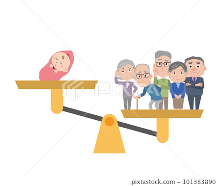 Aging illustration with a declining birthrate where the elderly and a baby are on a scale Aging illustration with a declining birthrate where the elderly and a baby are on a scale 101383890