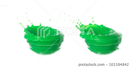 Green Matcha Milk Tea pour fall down, explosion in air. Green Matcha Milk Tea spill splash in shape glass bowl as paint color. White background isolated high speed shutter freeze motion 101384842