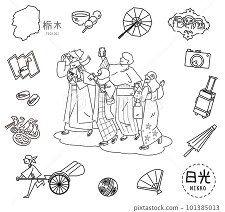 A set of icons and people of Nikko's specialty sightseeing in Tochigi Prefecture, Japan (line drawing black and white) 101385013