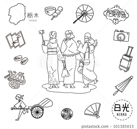 日本栃木縣日光特產觀光和穿和服的女性朋友一組圖標（黑白線描） 101385015