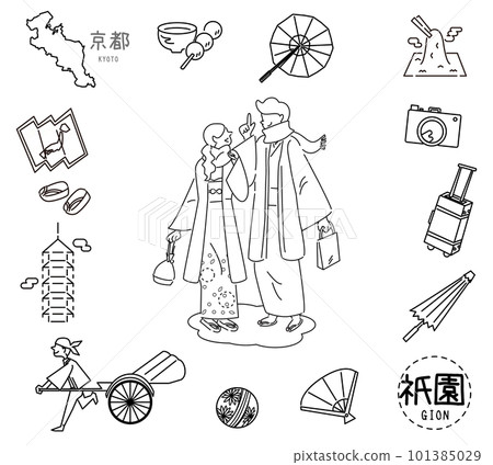祗園、京都、日本著名的觀光地標和和服情侶套裝(黑白線描) 祗園、京都、日本著名的觀光地標和和服情侶套裝(黑白線描) 101385029