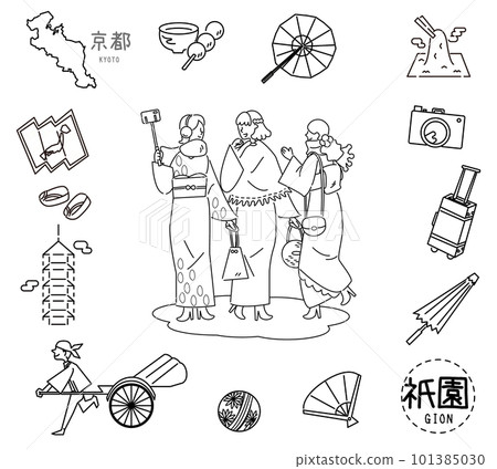 日本京都只園著名觀光地標與身穿和服的女性朋友一組(黑白線描) 日本京都只園著名觀光地標與身穿和服的女性朋友一組(黑白線描) 101385030