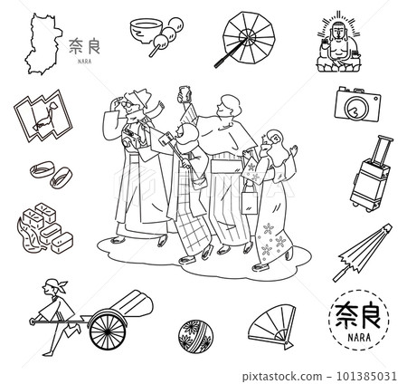 一組奈良在日本著名的觀光和穿著和服的外國遊客的圖標(黑白線描) 一組奈良在日本著名的觀光和穿著和服的外國遊客的圖標(黑白線描) 101385031