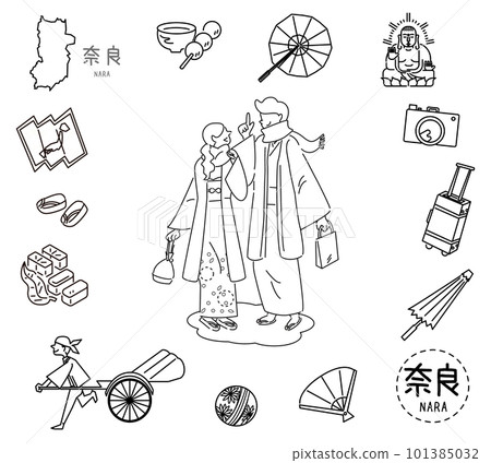一套日本奈良特產觀光圖標和和服情侶(黑白線描) 一套日本奈良特產觀光圖標和和服情侶(黑白線描) 101385032