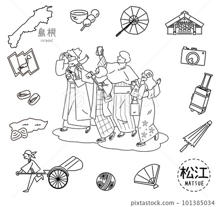 A set of foreign tourists wearing kimono and icons of Matsue in Shimane, Japan (line drawing black and white) A set of foreign tourists wearing kimono and icons of Matsue in Shimane, Japan (line drawing black and white) 101385034
