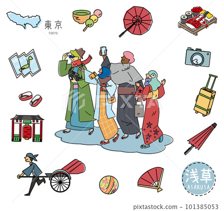 A set of icons of Tokyo's famous sightseeing in Japan and tourists from foreign countries (line drawings) 101385053