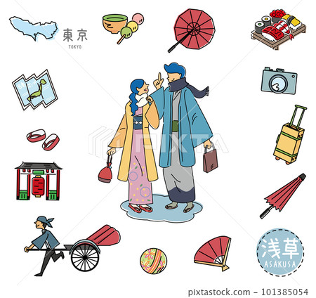 日本東京著名觀光地圖標和服情侶套裝(線描) 日本東京著名觀光地圖標和服情侶套裝(線描) 101385054