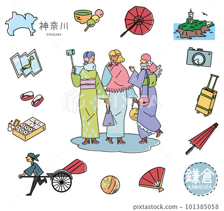 神奈川鎌倉圖標集，日本著名觀光地和和服女性朋友（畫線） 101385058