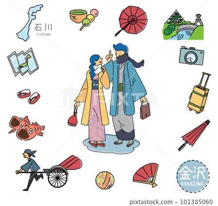 日本石川縣金澤著名觀光地圖標的一對和服情侶（線描） 101385060