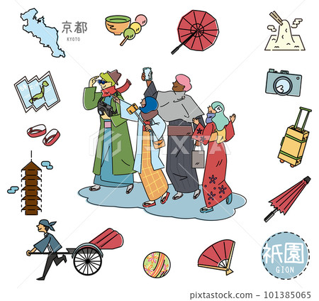 A set of foreign tourists wearing kimono and icons of Gion, Kyoto, Japan's famous sightseeing (line drawing) 101385065