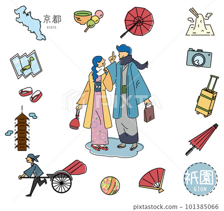 日本京都著名觀光地祗園圖標的和服情侶套裝(線描) 日本京都著名觀光地祗園圖標的和服情侶套裝(線描) 101385066