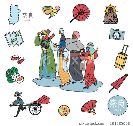 Set of icons of Nara's famous sightseeing in Japan and foreign tourists wearing kimono (line drawing) Set of icons of Nara's famous sightseeing in Japan and foreign tourists wearing kimono (line drawing) 101385068