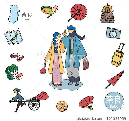Set of Japanese Nara specialty sightseeing icons and kimono couples (line drawings) Set of Japanese Nara specialty sightseeing icons and kimono couples (line drawings) 101385069