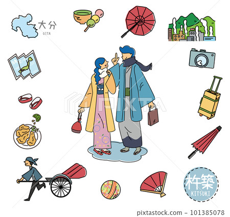 A set of kimono couples with icons of Kitsuki's famous sightseeing in Oita, Japan (line drawing) 101385078
