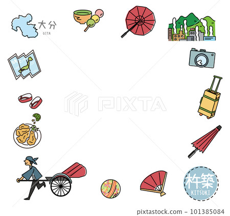 A set of icons of Kitsuki's famous sightseeing in Oita, Japan (winter) (line drawing) 101385084