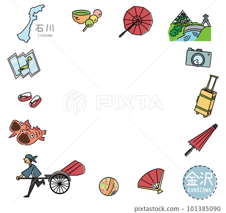 A set of icons of Kanazawa's famous sightseeing in Ishikawa, Japan (winter) (line drawing) 101385090