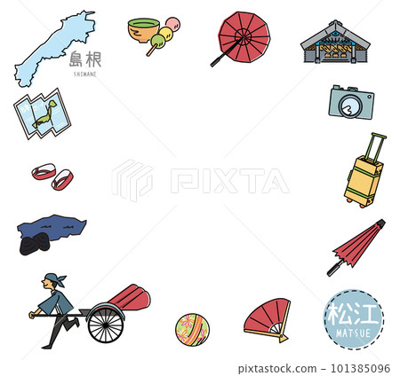 Set of Matsue specialty sightseeing icons in Shimane, Japan (winter) (line drawing) 101385096