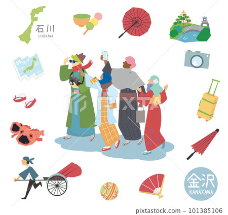A set of foreign tourists wearing kimono and icons of Kanazawa's famous sightseeing in Ishikawa, Japan in winter (flat) A set of foreign tourists wearing kimono and icons of Kanazawa's famous sightseeing in Ishikawa, Japan in winter (flat) 101385106
