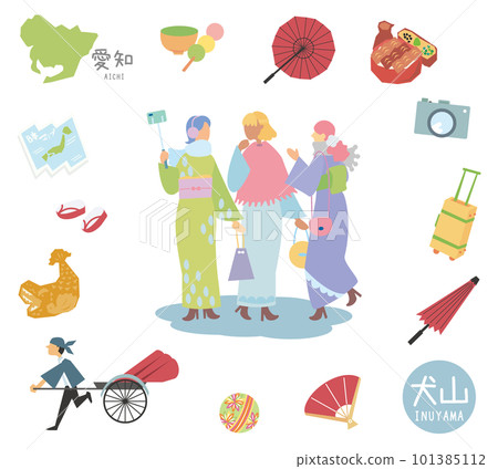 一組身著和服的閨蜜和冬季日本愛知縣著名景點犬山的圖標（平） 101385112