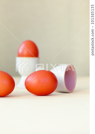 brown easter eggs on the table. Eggs chicken on beige background 101385135