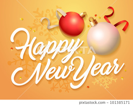 Happy New Year Vector Card. Orange Greeting card template. Vector illustration. Winter holiday poster template.White New Year on golden background. Bright glitter. Holiday decoration.  101385171