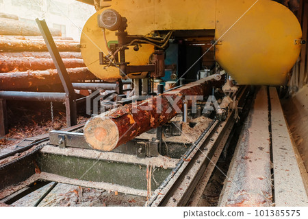 The process of processing logs on the equipment of a sawmill The process of processing logs on the equipment of a sawmill 101385575