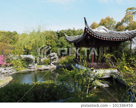 仲夏繡球花和池塘 仲夏繡球花和池塘 101386450
