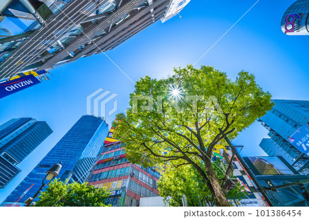 日本的東京城市景觀注意紫外線......太陽和新綠色成為“耀眼”季節的澀谷= 4月9日 日本的東京城市景觀注意紫外線......太陽和新綠色成為“耀眼”季節的澀谷= 4月9日 101386454