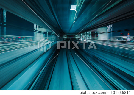 Motion blurred of train moving inside tunnel with 101386815