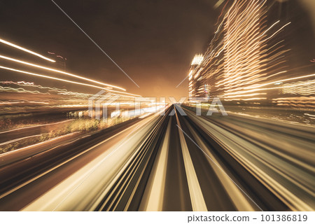 Motion blurred of train moving inside tunnel with 101386819