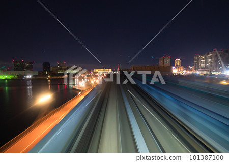 Motion blurred of train moving inside tunnel with 101387100