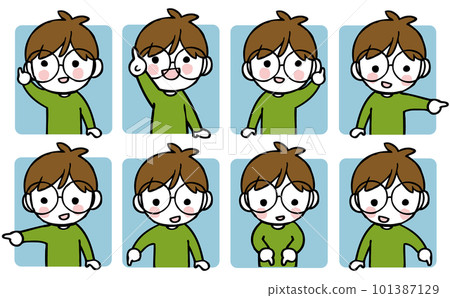 Illustration set of a boy with glasses pointing in various directions 101387129