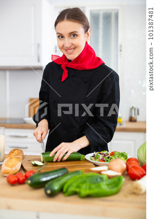 Female chef preparing vegetable salad, cutting vegetables 101387481