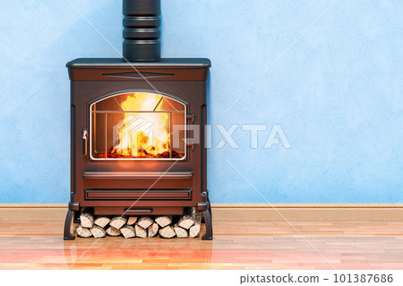 Potbelly stove, wood burner stove in room near wall, 3D rendering 101387686