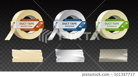 Tape packaging design. Realistic sticky rolls of self adhesive mounting tape in different colors, golden and silver, material transparency options, blank clean 3d elements, utter vector set 101387717