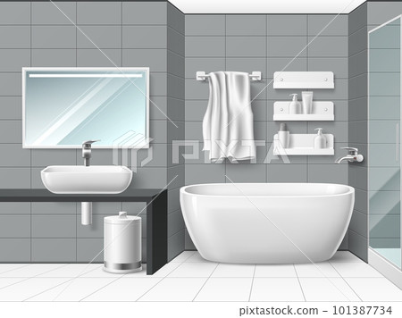 Realistic bathroom interior. 3d minimal wet room design, ceramic tiles, white porcelain sink and bathtub, wall mirror, wc clean isolated icons, lavatory hygienic elements, utter vector concept Realistic bathroom interior. 3d minimal wet room design, ceramic tiles, white porcelain sink and bathtub, wall mirror, wc clean isolated icons, lavatory hygienic elements, utter vector concept 101387734