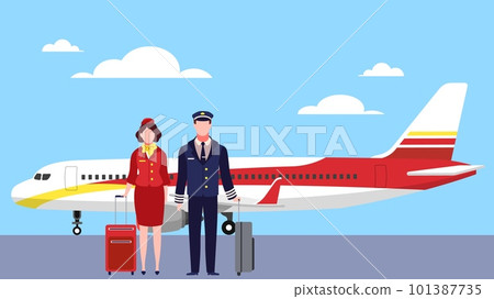 Pilot and flight attendant standing with suitcases at airport near plane. Professional aviation workers in uniform, cabin crew and captain cartoon flat illustration. Vector concept Pilot and flight attendant standing with suitcases at airport near plane. Professional aviation workers in uniform, cabin crew and captain cartoon flat illustration. Vector concept 101387735