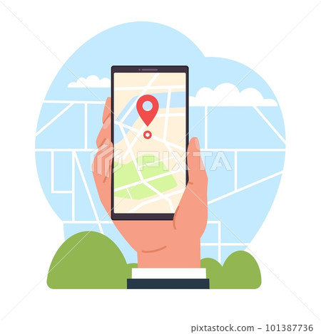 Phone navigation app with map and location pointer. Hand hold smartphone with city streets on device screen. Gprs application, online navigator app. Cartoon flat illustration. Vector concept 101387736
