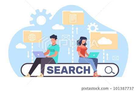 People use laptop to search for files in an electronic database. Man and woman with computer on bar template for website. Ask question online. Cartoon flat isolated illustration. Vector concept 101387737
